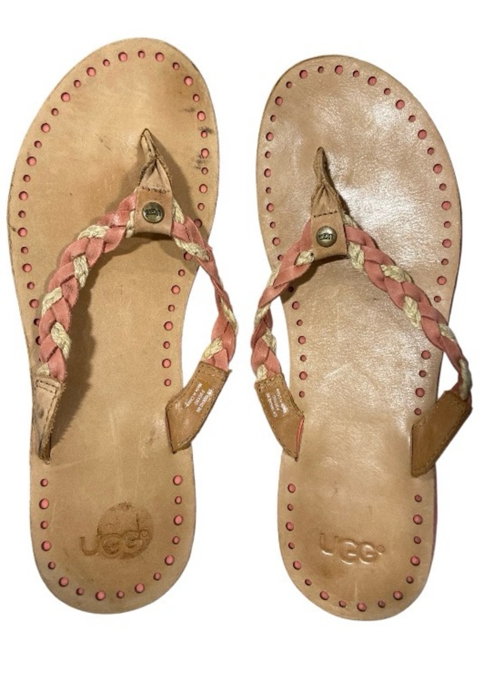 UGG Navie Women’s Thongs Tan Braided Coral & Cream Leather Flip Flops size 9